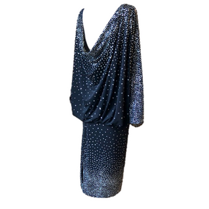 Vintage 80s Dina Bennett Inc Black Drape Back Sparkle Dress Cocktail Classy